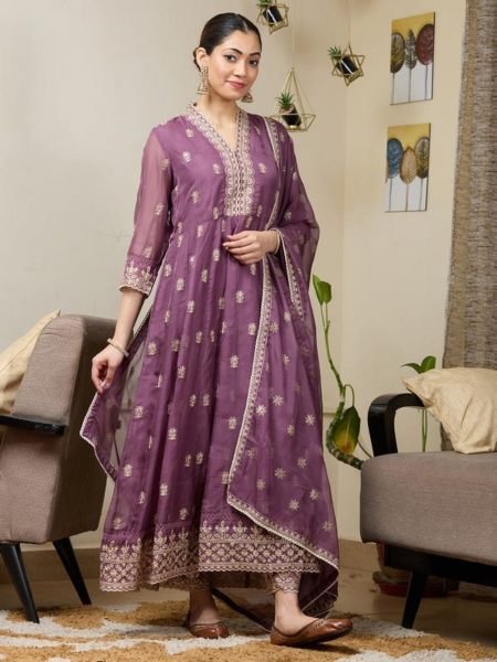 Iconic Purple Designer Heavy Faux Georgette Embroidered Top with Rayon Silk Stitched Bottom Salwar Kameez