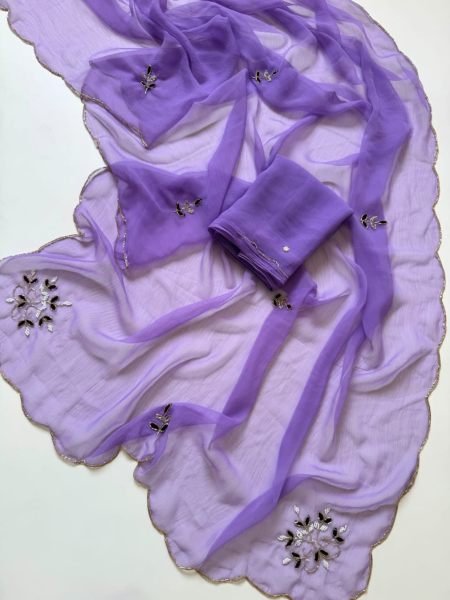 Iconic Purple Designer Pure Siffon Saree with All Over Handwork at Wholesale Rate Sarees 