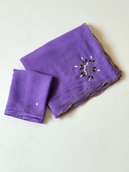 Iconic Purple Designer Pure Siffon Saree with All Over Handwork at Wholesale Rate Pure Chiffon Sarees Wholesale