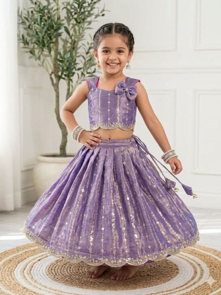 Iconic Purple Kids Pattu Pavada Silk Lehenga with Embroidery Work for Festive Wear Kurtis
