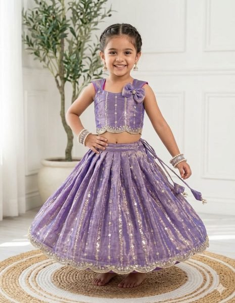 Iconic Purple Kids Pattu Pavada Silk Lehenga with Embroidery Work for Festive Wear Girls Wear