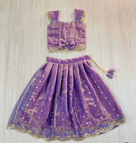 Iconic Purple Kids Pattu Pavada Silk Lehenga with Embroidery Work for Festive Wear Girls Wear