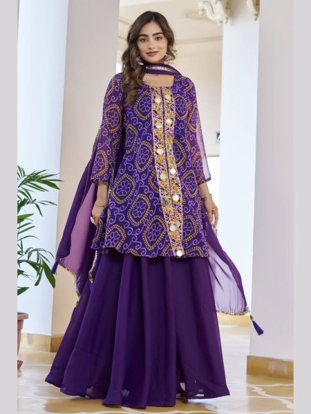 Iconic Purple Ready to Wear Georgette Mirror Work Kurti Set with Dupatta for Festive Wear Ready To Wear Suit