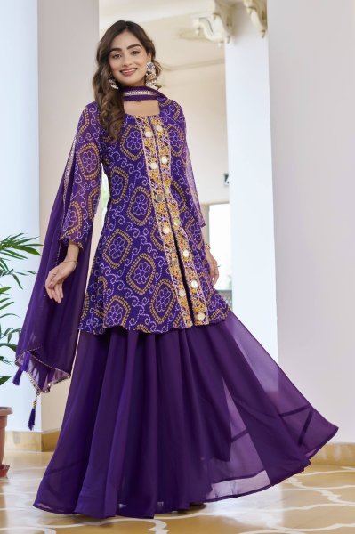 Iconic Purple Ready to Wear Georgette Mirror Work Kurti Set with Dupatta for Festive Wear Ready To Wear Collection