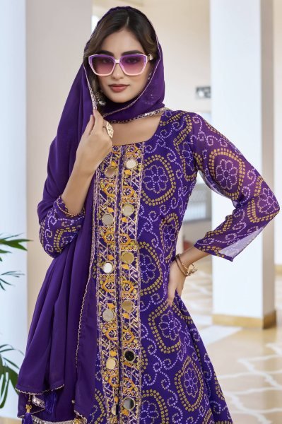 Iconic Purple Ready to Wear Georgette Mirror Work Kurti Set with Dupatta for Festive Wear Ready To Wear Collection