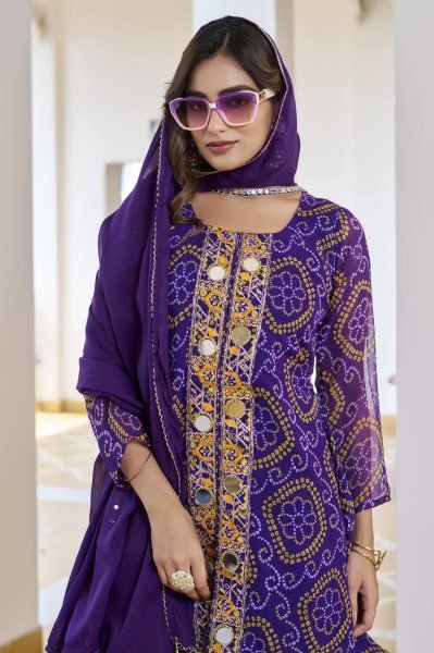 Iconic Purple Ready to Wear Georgette Mirror Work Kurti Set with Dupatta for Festive Wear Ready To Wear Collection