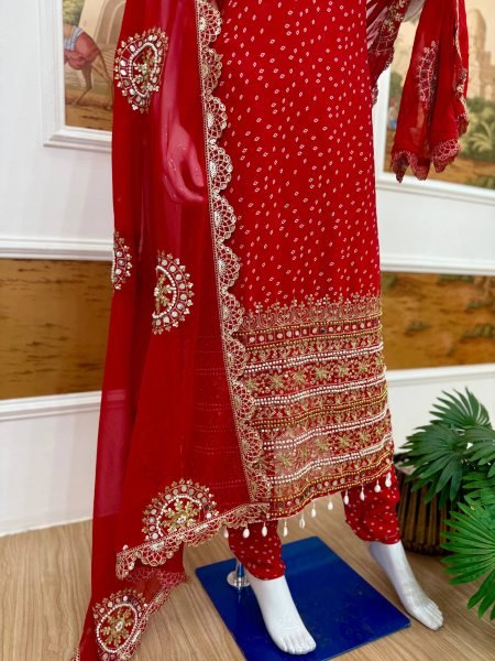 Iconic Red Bandhani Faux Georgette Kurti with Real Mirror Hand Work with Chudidar Pant and Dupatta  at Manufacturer Rate  Straight Cut Long Kurtis