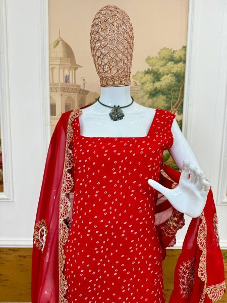 Iconic Red Bandhani Faux Georgette Kurti with Real Mirror Hand Work with Chudidar Pant and Dupatta  at Manufacturer Rate  Straight Cut Long Kurtis
