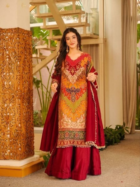 Iconic Red Chinon Silk Aari Mirror Work Sharara Suit with Pearl Dupatta Kurtis
