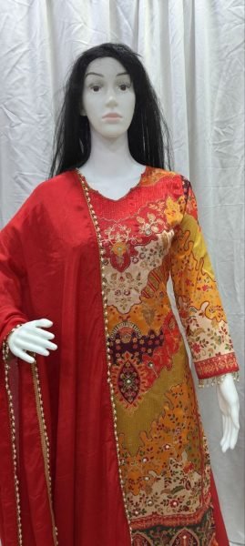 Iconic Red Chinon Silk Aari Mirror Work Sharara Suit with Pearl Dupatta 3 Piece Kurti Set