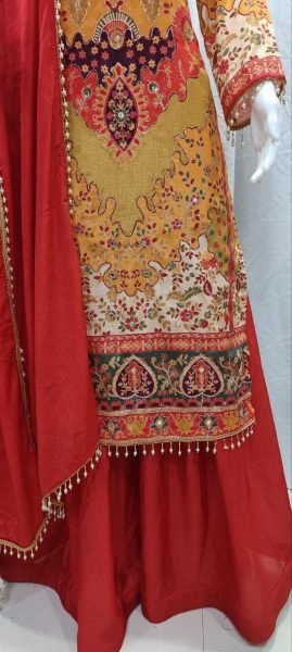 Iconic Red Chinon Silk Aari Mirror Work Sharara Suit with Pearl Dupatta 3 Piece Kurti Set