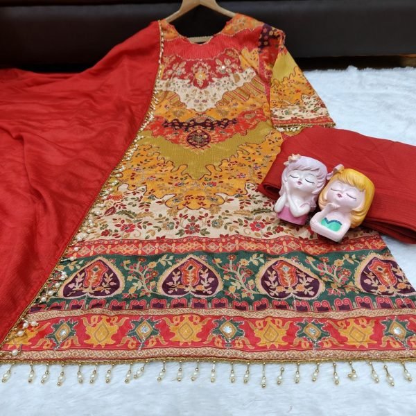 Iconic Red Chinon Silk Aari Mirror Work Sharara Suit with Pearl Dupatta 3 Piece Kurti Set