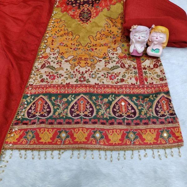 Iconic Red Chinon Silk Aari Mirror Work Sharara Suit with Pearl Dupatta 3 Piece Kurti Set