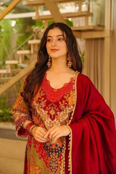Iconic Red Chinon Silk Aari Mirror Work Sharara Suit with Pearl Dupatta 3 Piece Kurti Set
