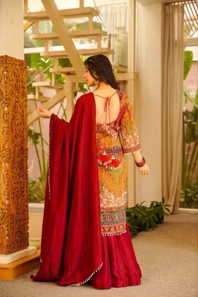 Iconic Red Chinon Silk Aari Mirror Work Sharara Suit with Pearl Dupatta 3 Piece Kurti Set