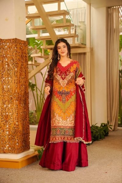 Iconic Red Chinon Silk Aari Mirror Work Sharara Suit with Pearl Dupatta 3 Piece Kurti Set