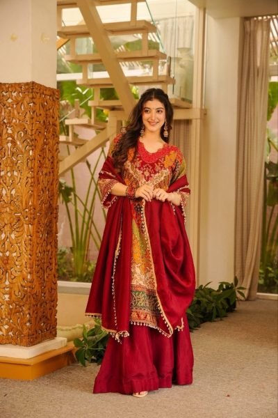 Iconic Red Chinon Silk Aari Mirror Work Sharara Suit with Pearl Dupatta 3 Piece Kurti Set
