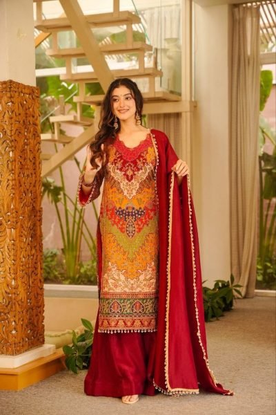 Iconic Red Chinon Silk Aari Mirror Work Sharara Suit with Pearl Dupatta 3 Piece Kurti Set