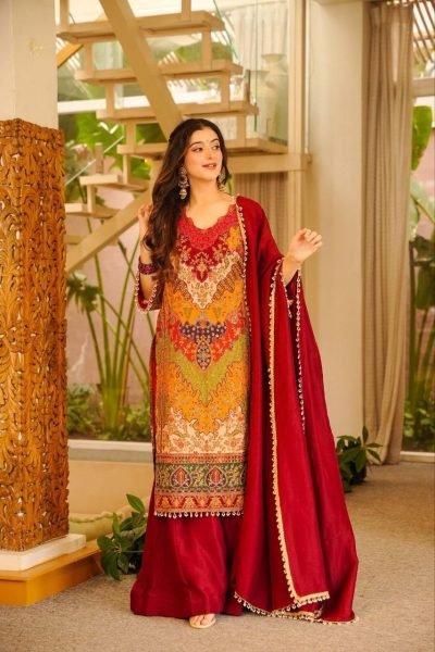 Iconic Red Chinon Silk Aari Mirror Work Sharara Suit with Pearl Dupatta 3 Piece Kurti Set