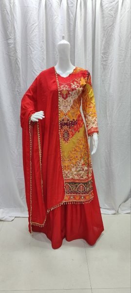 Iconic Red Chinon Silk Aari Mirror Work Sharara Suit with Pearl Dupatta 3 Piece Kurti Set