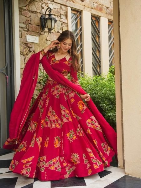 Iconic Red Designer Chinon Silk Lehenga with Heavy Can-Can and 4 Meter Flair 