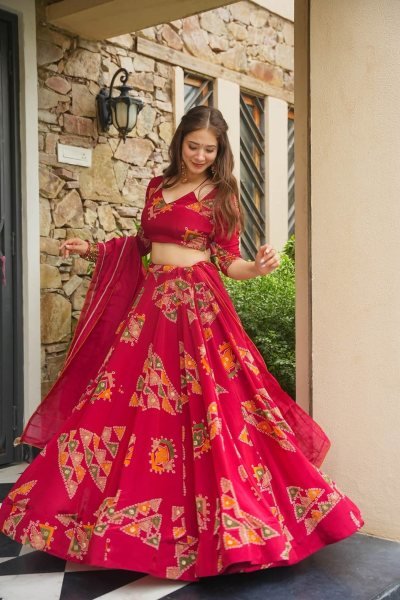 Iconic Red Designer Chinon Silk Lehenga with Heavy Can-Can and 4 Meter Flair Designer Lehenga Choli