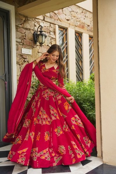 Iconic Red Designer Chinon Silk Lehenga with Heavy Can-Can and 4 Meter Flair Designer Lehenga Choli