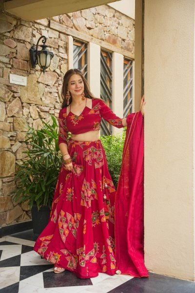 Iconic Red Designer Chinon Silk Lehenga with Heavy Can-Can and 4 Meter Flair Designer Lehenga Choli