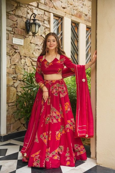 Iconic Red Designer Chinon Silk Lehenga with Heavy Can-Can and 4 Meter Flair Designer Lehenga Choli