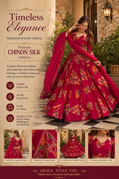 Iconic Red Designer Chinon Silk Lehenga with Heavy Can-Can and 4 Meter Flair Designer Lehenga Choli