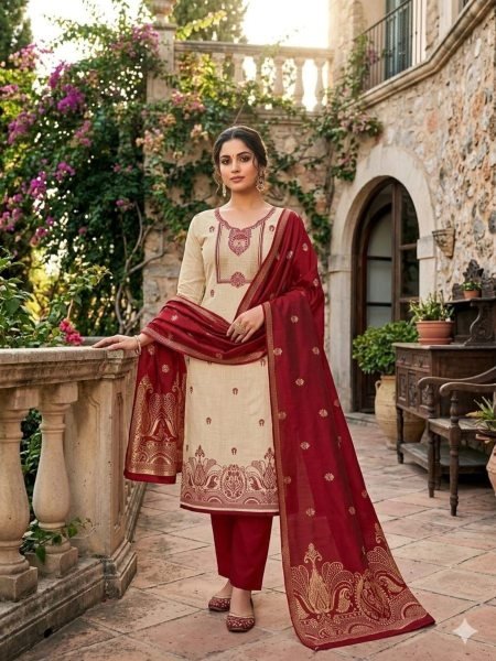 Iconic Red Designer Jacquard Kurta with Jamdaani Dupatta 