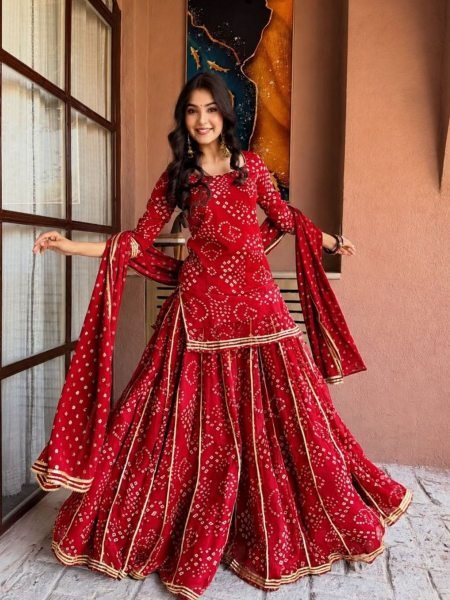 Iconic Red Georgette Bandhej Print Palazzo Set With 3 50 Meter Flair For Party Wear Ready To Wear Suit