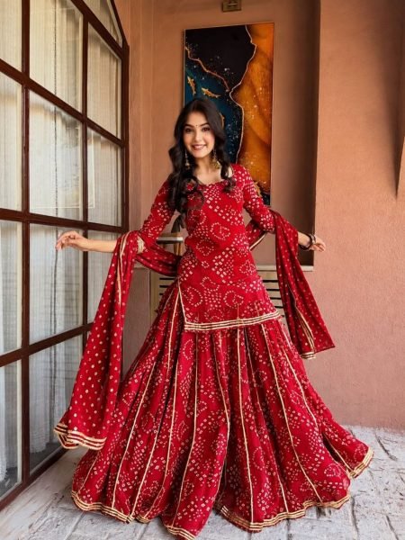 Iconic Red Georgette Bandhej Print Palazzo Set With 3 50 Meter Flair For Party Wear Ready To Wear Collection