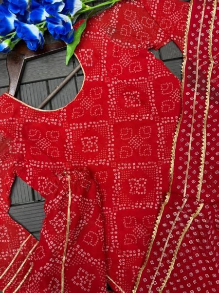 Iconic Red Georgette Bandhej Print Palazzo Set With 3 50 Meter Flair For Party Wear Ready To Wear Collection