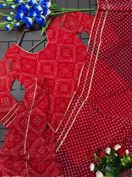 Iconic Red Georgette Bandhej Print Palazzo Set With 3 50 Meter Flair For Party Wear Ready To Wear Collection