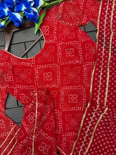 Iconic Red Georgette Bandhej Print Palazzo Set With 3 50 Meter Flair For Party Wear Ready To Wear Collection