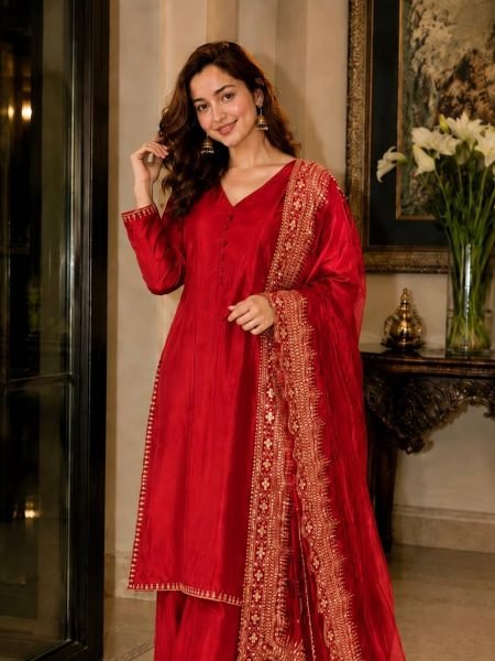 Iconic Red Party Wear Crepe Silk Kurti Palazzo Set with Embroidered Dupatta