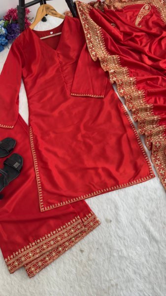 Iconic Red Party Wear Crepe Silk Kurti Palazzo Set with Embroidered Dupatta Ready To Wear Collection