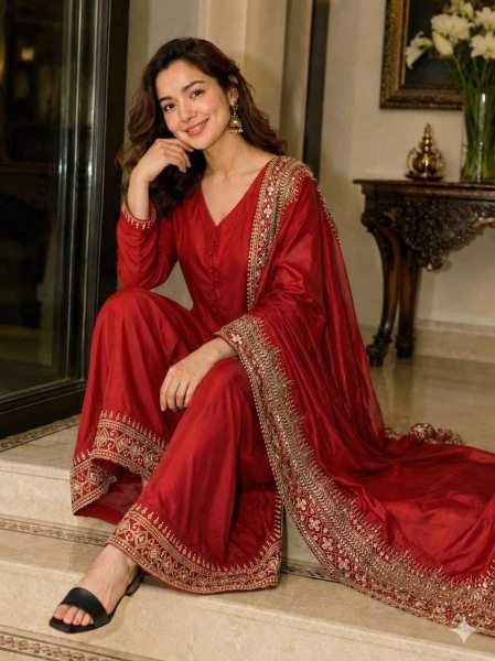 Iconic Red Party Wear Crepe Silk Kurti Palazzo Set with Embroidered Dupatta Ready To Wear Collection