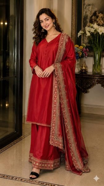Iconic Red Party Wear Crepe Silk Kurti Palazzo Set with Embroidered Dupatta Ready To Wear Collection
