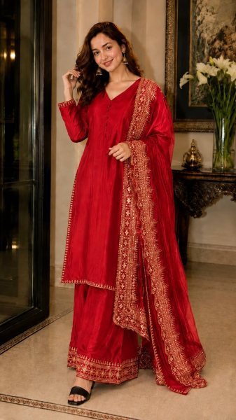 Iconic Red Party Wear Crepe Silk Kurti Palazzo Set with Embroidered Dupatta Ready To Wear Collection