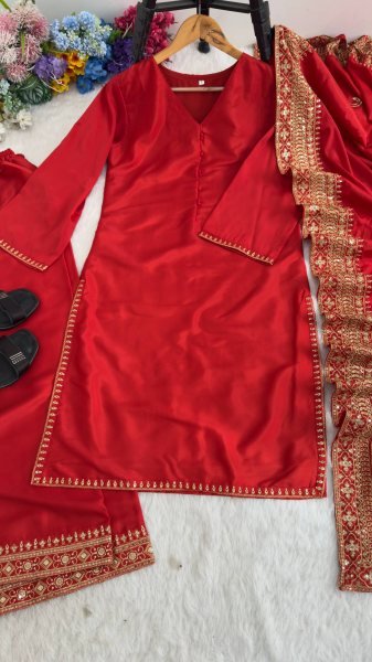 Iconic Red Party Wear Crepe Silk Kurti Palazzo Set with Embroidered Dupatta Ready To Wear Collection