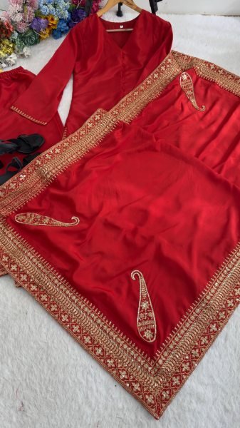 Iconic Red Party Wear Crepe Silk Kurti Palazzo Set with Embroidered Dupatta Ready To Wear Collection