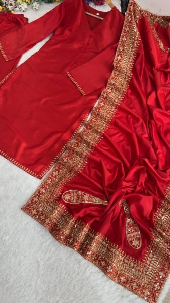 Iconic Red Party Wear Crepe Silk Kurti Palazzo Set with Embroidered Dupatta Ready To Wear Collection