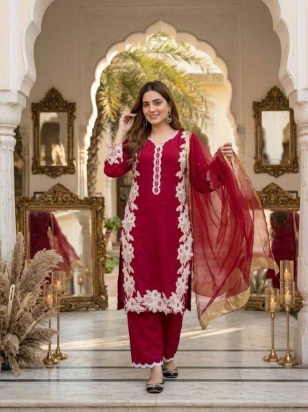 Iconic Red Women's Ethnic Wear Palazzo Suit with Moti Hand Embroidery Work Ready To Wear Collection
