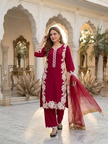 Iconic Red Women's Ethnic Wear Palazzo Suit with Moti Hand Embroidery Work Ready To Wear Collection