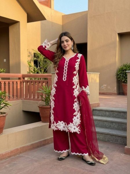 Iconic Red Women's Ethnic Wear Palazzo Suit with Moti Hand Embroidery Work Ready To Wear Collection