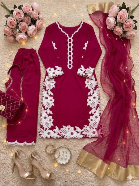 Iconic Red Women's Ethnic Wear Palazzo Suit with Moti Hand Embroidery Work Ready To Wear Collection