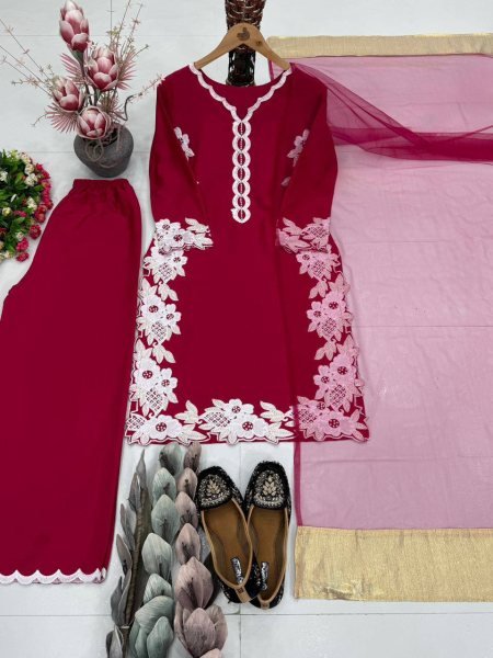 Iconic Red Women's Ethnic Wear Palazzo Suit with Moti Hand Embroidery Work Ready To Wear Collection
