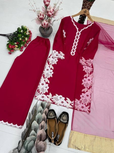 Iconic Red Women's Ethnic Wear Palazzo Suit with Moti Hand Embroidery Work Ready To Wear Collection